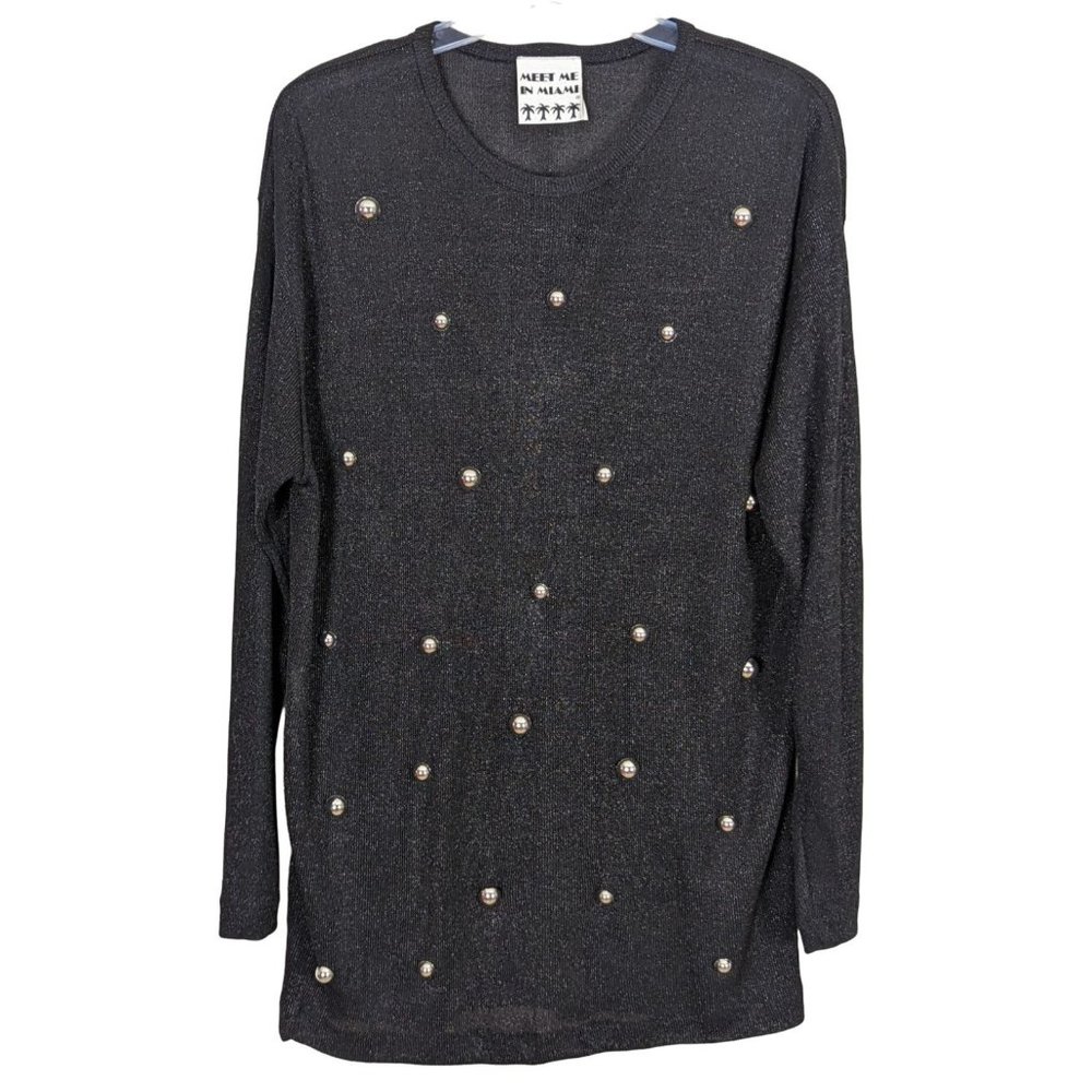 Vintage MEET ME IN MIAMI long sleeve black with silver glitter sweater Beads M/L